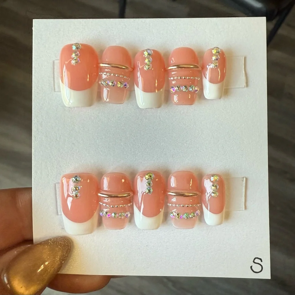 Nude and White Rhinestone Nail Set - Picture 1 of 4
